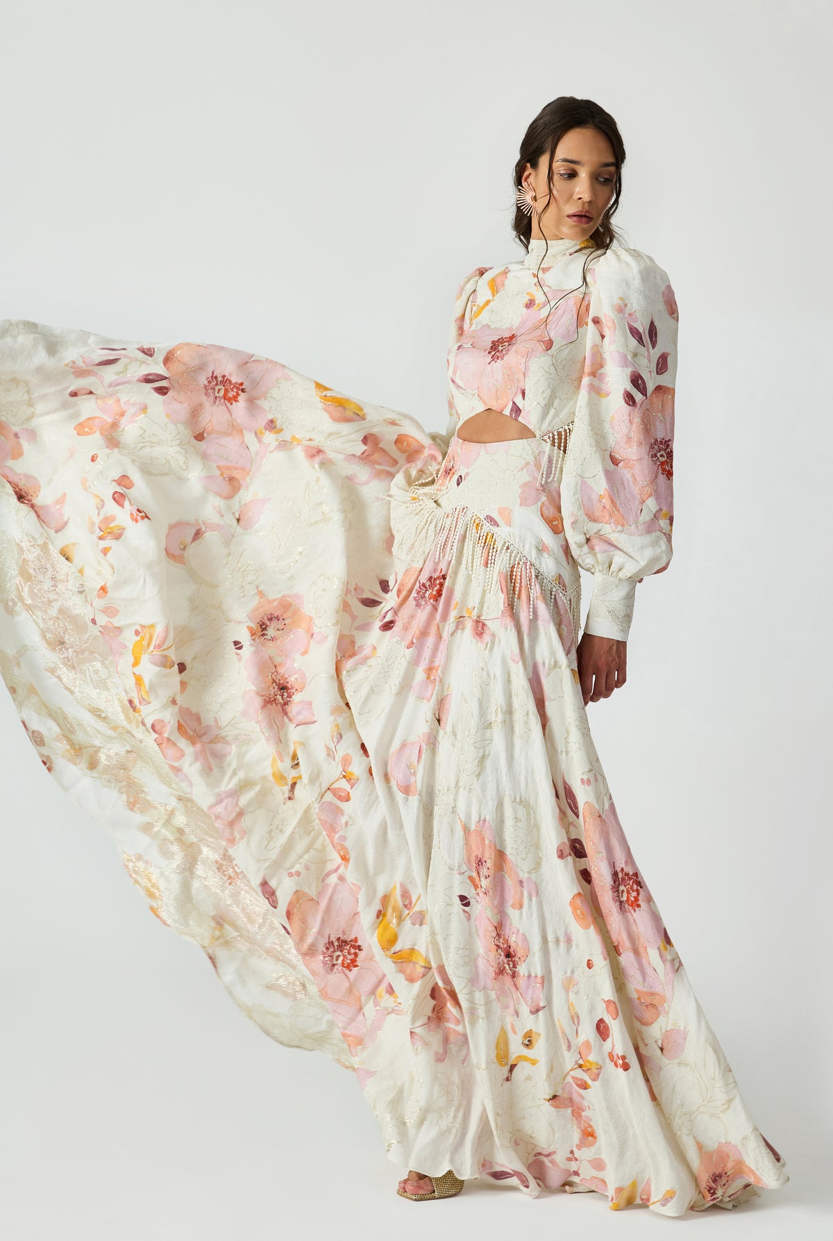 Backless And Cut-Out Detailed Jacquard Linen Maxi Dress With Fringe Trim