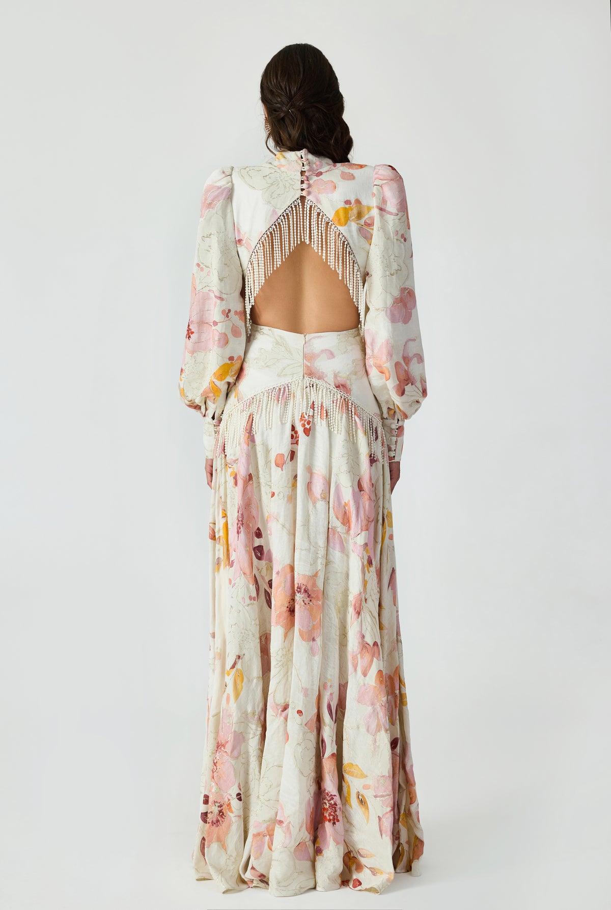 Backless And Cut-Out Detailed Jacquard Linen Maxi Dress With Fringe Trim
