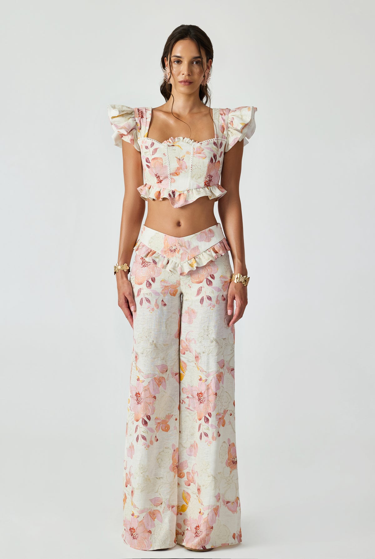 Linen Jacquard V Belly Ruffled Pant