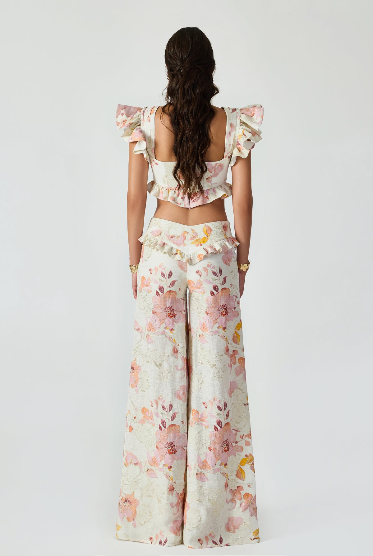 Linen Jacquard V Belly Ruffled Pant