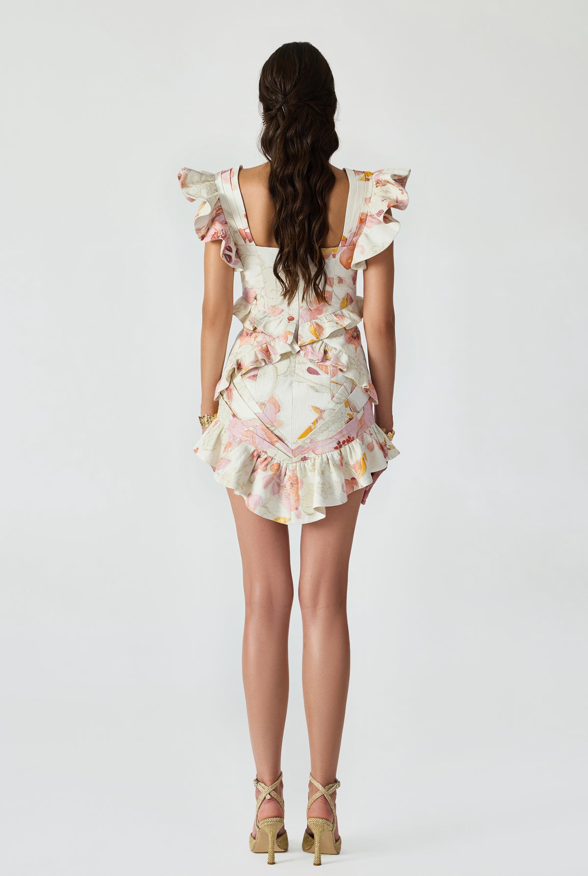 Linen Jacquard Mini Dress With Ruffles And Pleat Details