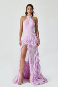 Halter Neck Side Slited Draped Maxi Dress With Handcrafted Ruffle And Applique