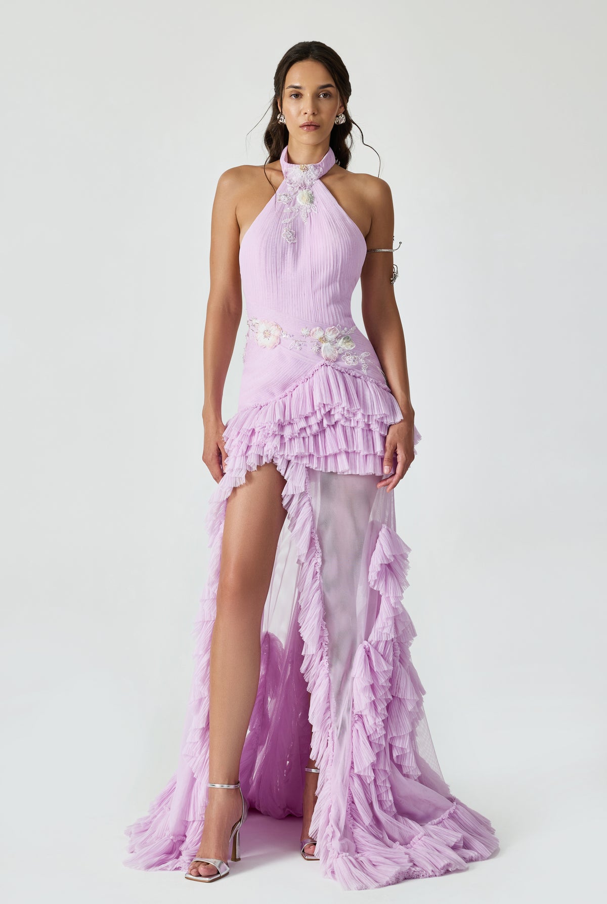 Halter Neck Side Slited Draped Maxi Dress With Handcrafted Ruffle And Applique