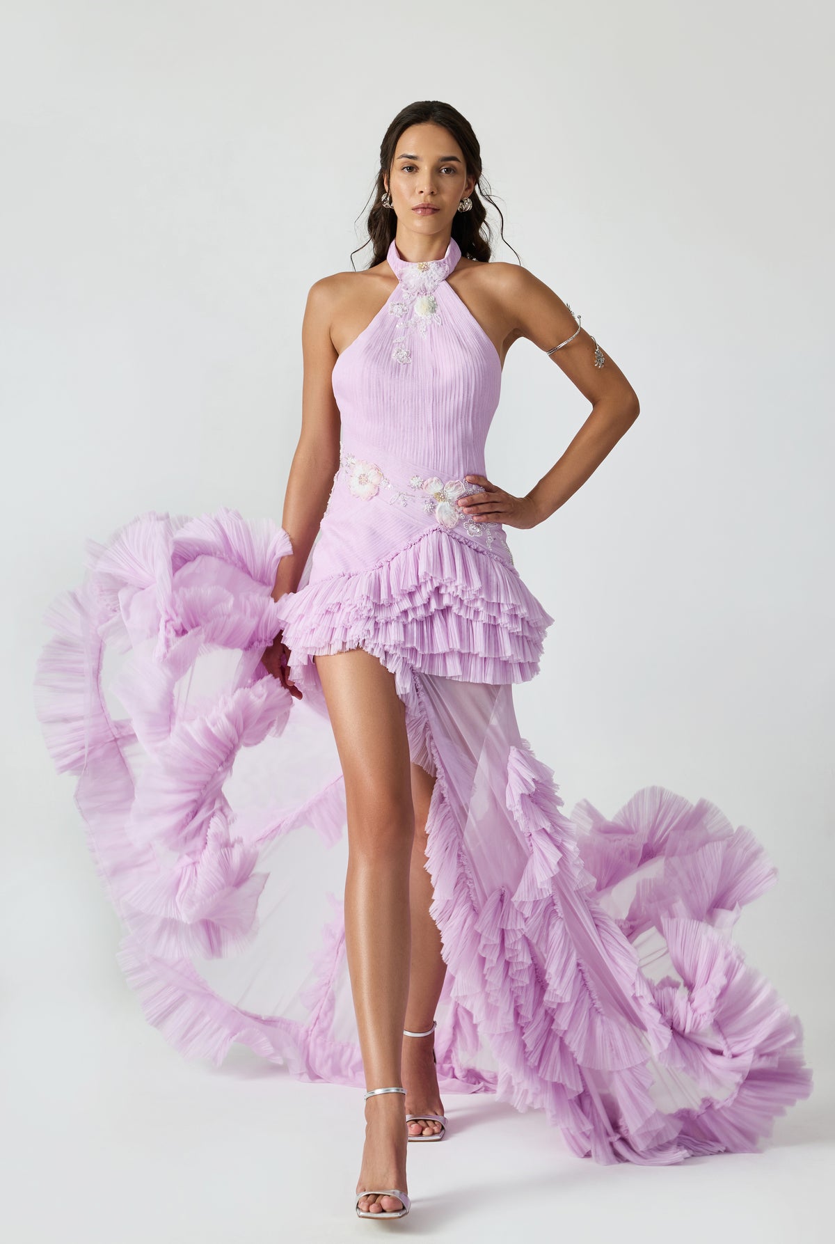 Halter Neck Side Slited Draped Maxi Dress With Handcrafted Ruffle And Applique