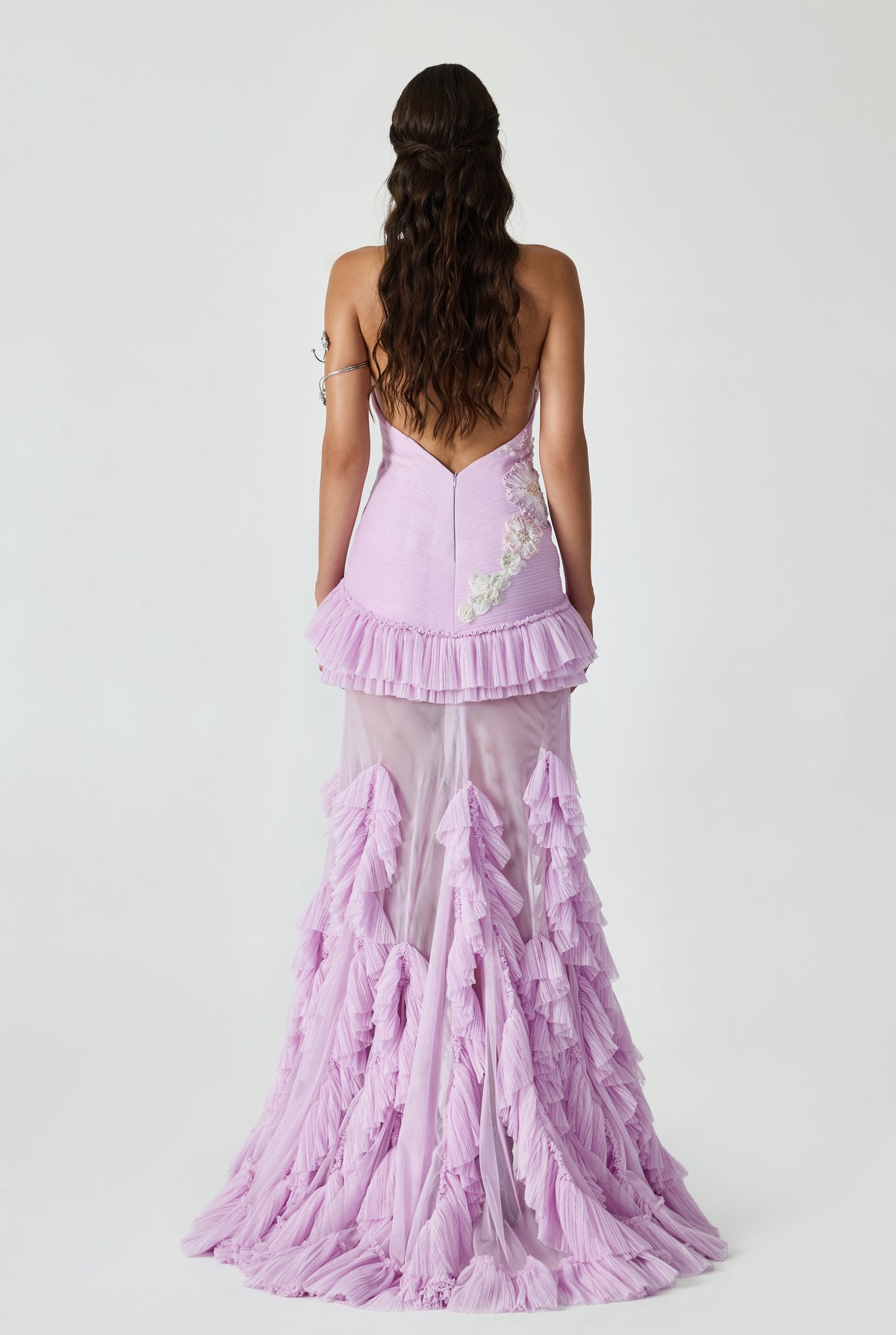 Halter Neck Side Slited Draped Maxi Dress With Handcrafted Ruffle And Applique