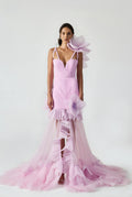 Drapped Maxi Dress With Handcrafted Ruffle And Stitching Bead Flower