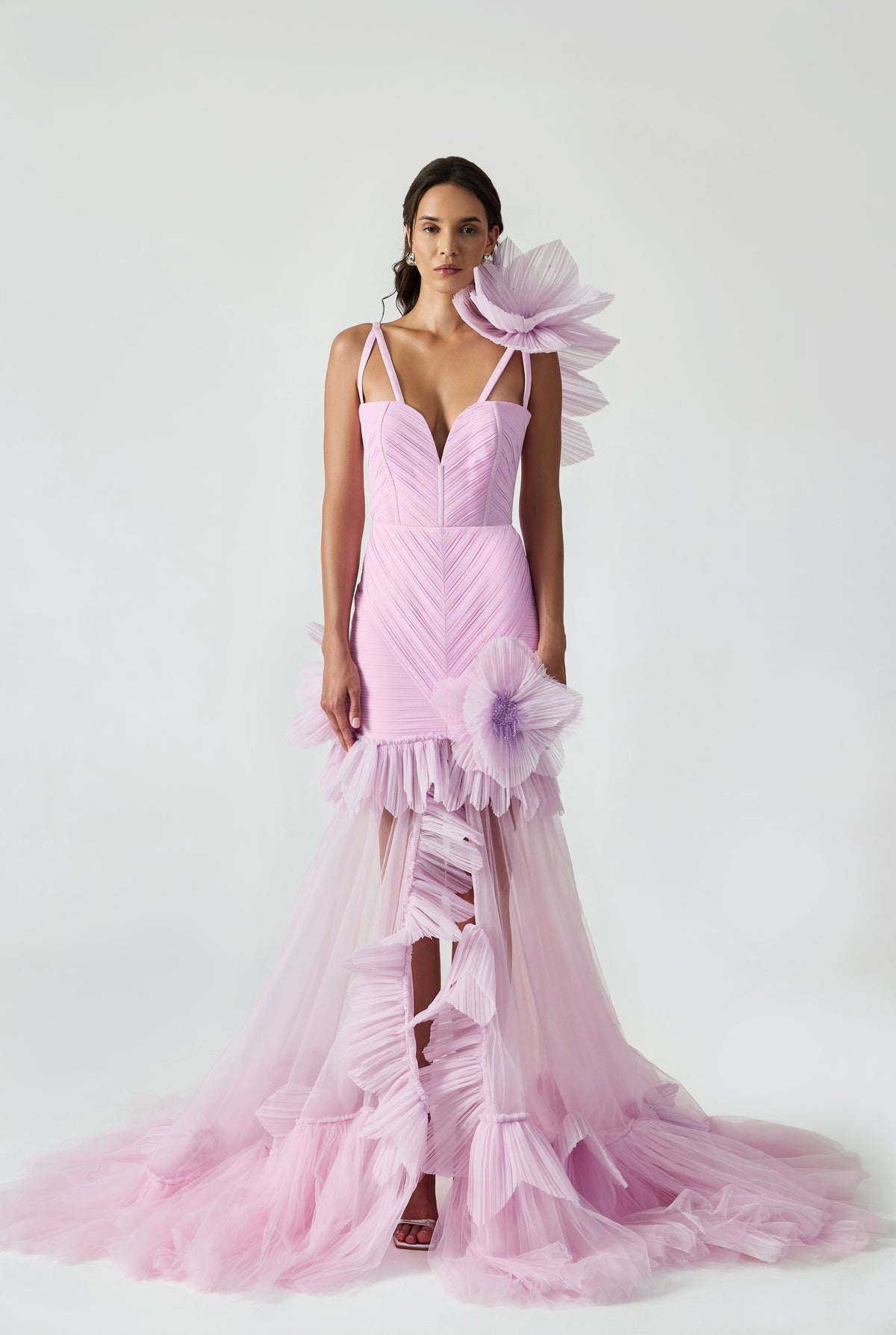 Drapped Maxi Dress With Handcrafted Ruffle And Stitching Bead Flower