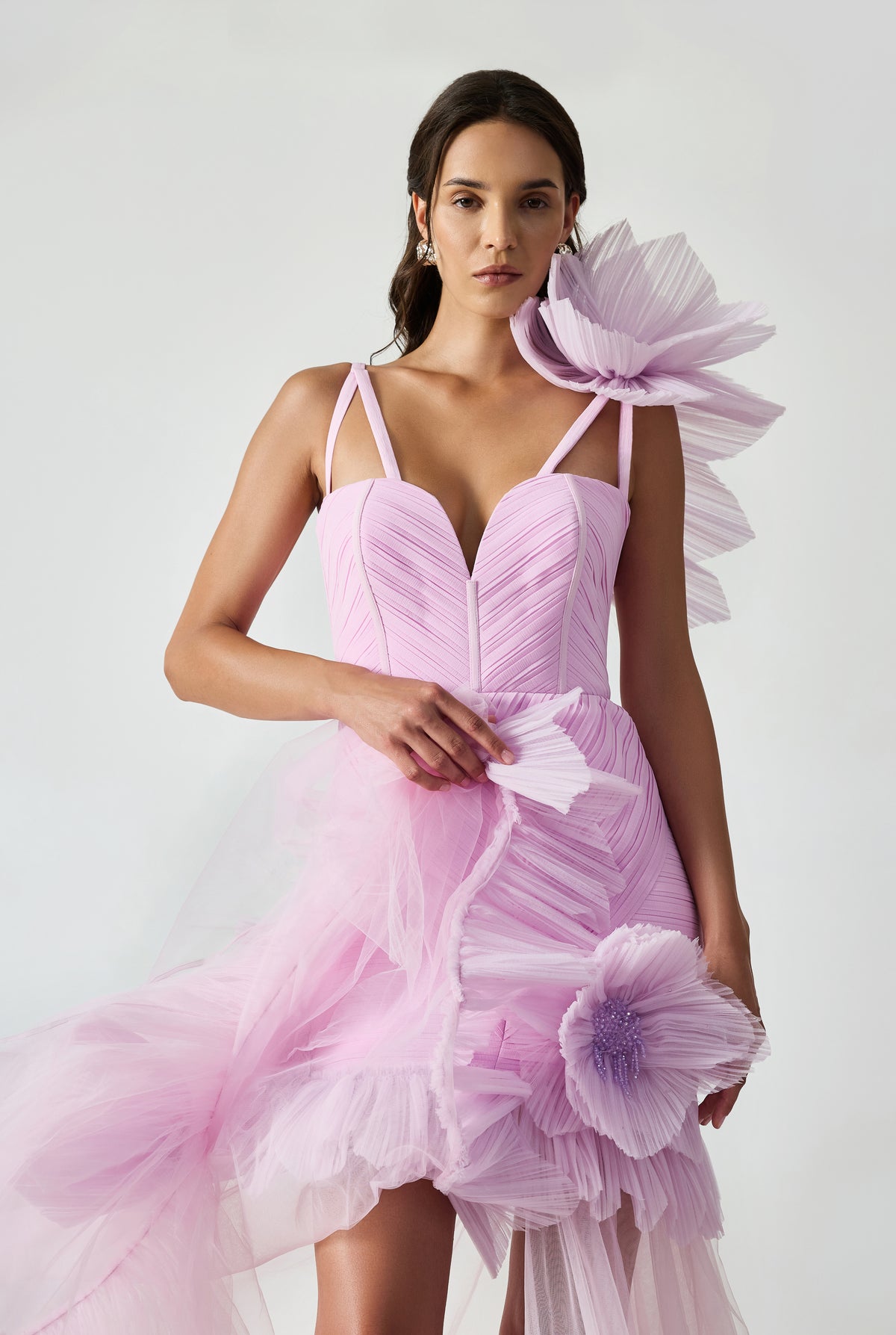 Drapped Maxi Dress With Handcrafted Ruffle And Stitching Bead Flower