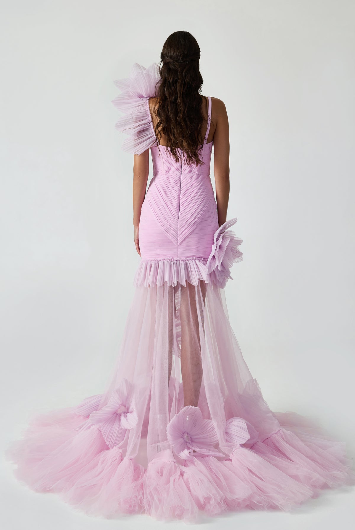Drapped Maxi Dress With Handcrafted Ruffle And Stitching Bead Flower