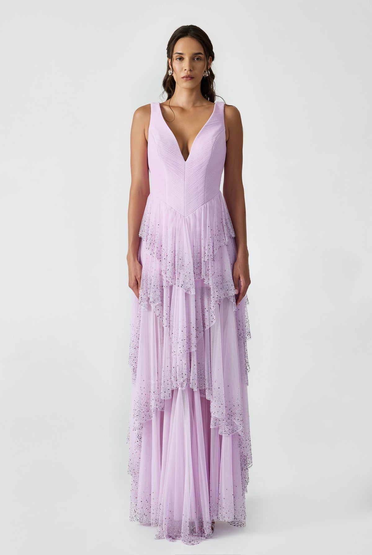 Drapped Maxi Dress With Bead Printed Flounces