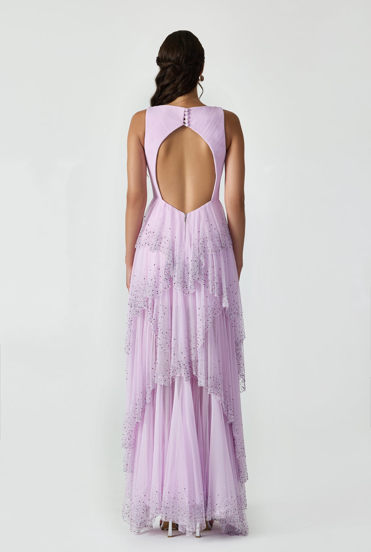 Drapped Maxi Dress With Bead Printed Flounces