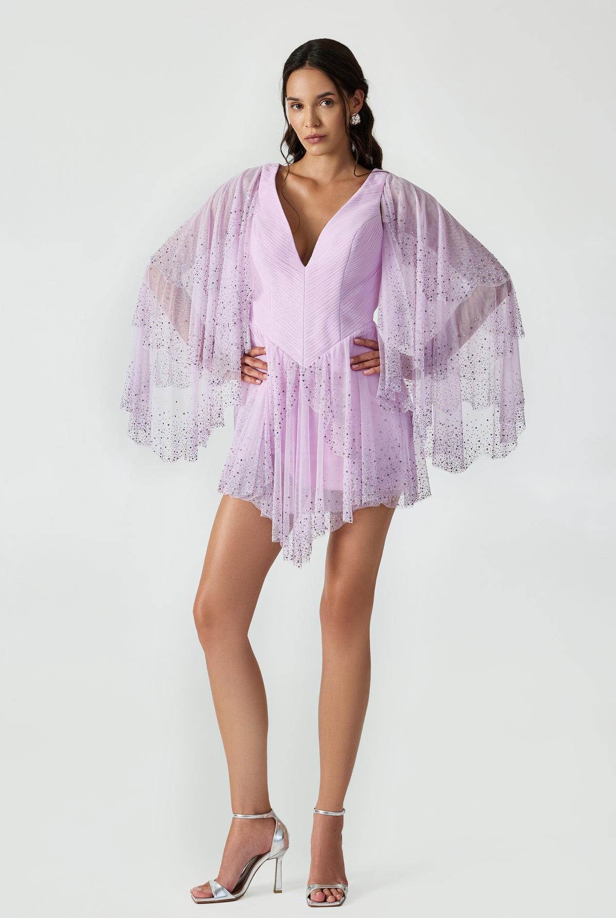 Drapped Maxi Dress With Bead Printed Flounces And Long Sleeves