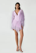 Drapped Maxi Dress With Bead Printed Flounces And Long Sleeves
