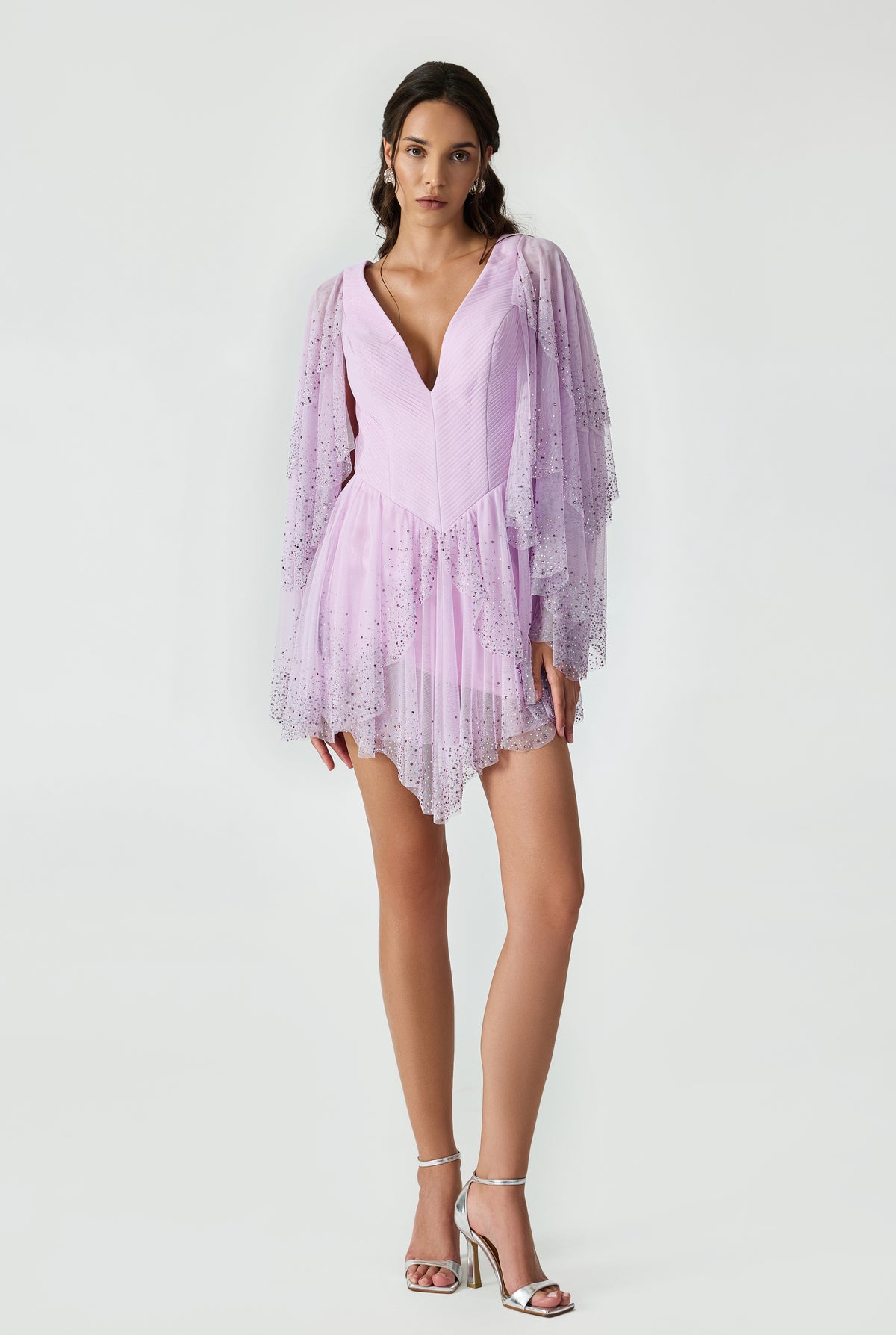 Drapped Maxi Dress With Bead Printed Flounces And Long Sleeves