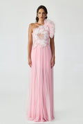 Pleated Skirt One Shoulder Maxi Dress With And Handcrafted Applique And Ruffles