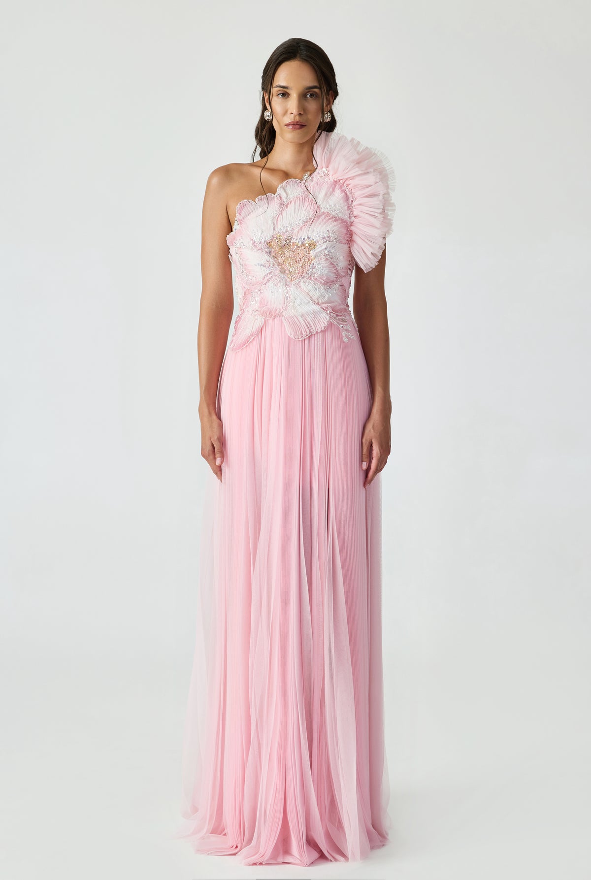 Pleated Skirt One Shoulder Maxi Dress With And Handcrafted Applique And Ruffles