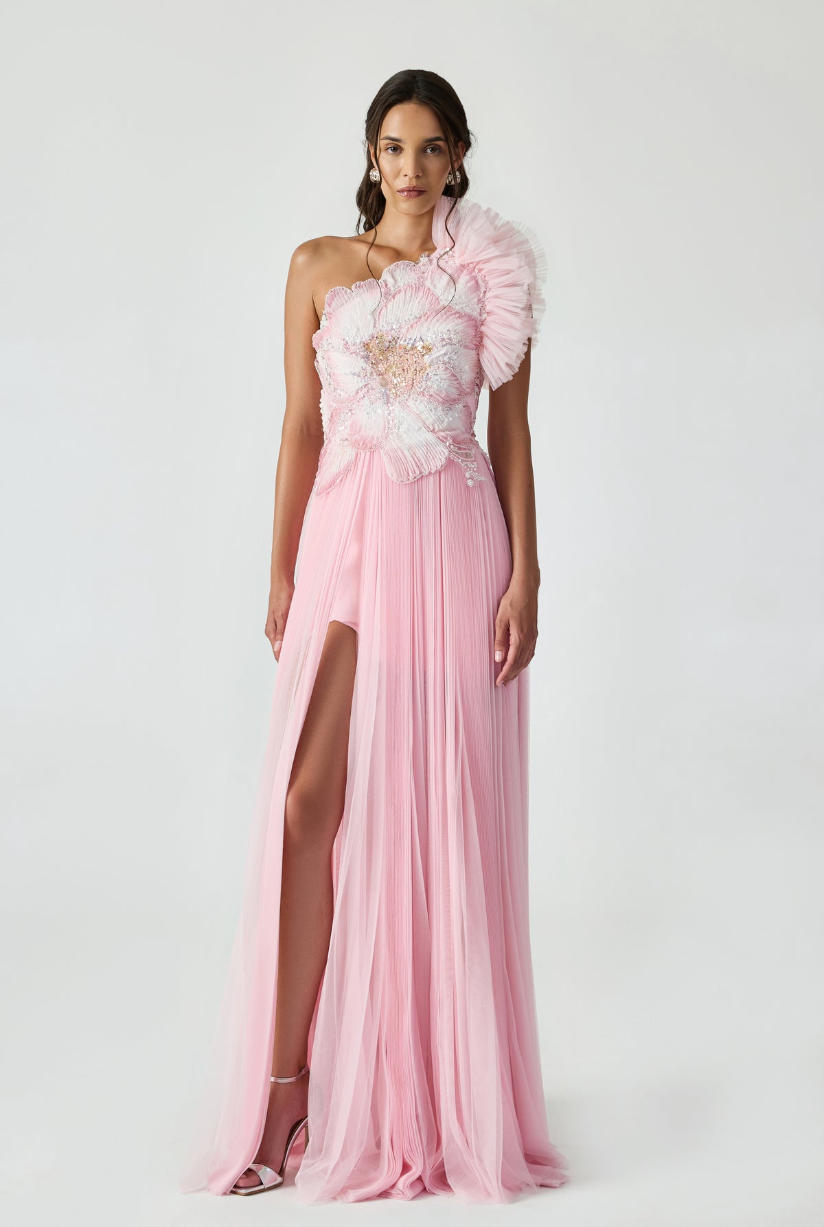 Pleated Skirt One Shoulder Maxi Dress With And Handcrafted Applique And Ruffles