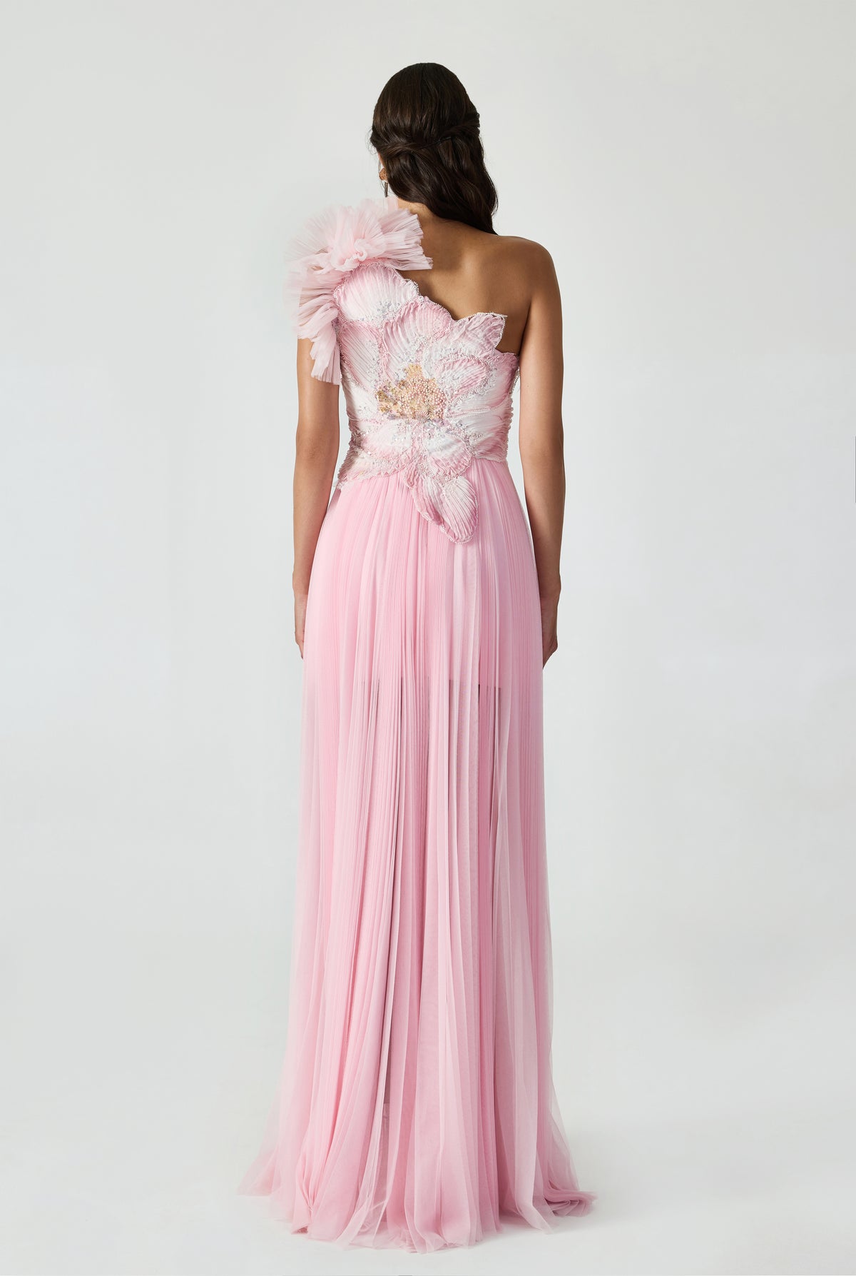 Pleated Skirt One Shoulder Maxi Dress With And Handcrafted Applique And Ruffles