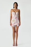 Strapless Mini Dress With 3d Floral Applique Feather Detailing And Hand-Beaded Embellishment