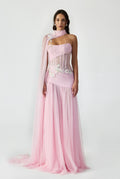 Strapless, Side Slited, Draped Maxi Dress With Handcrafted Applique