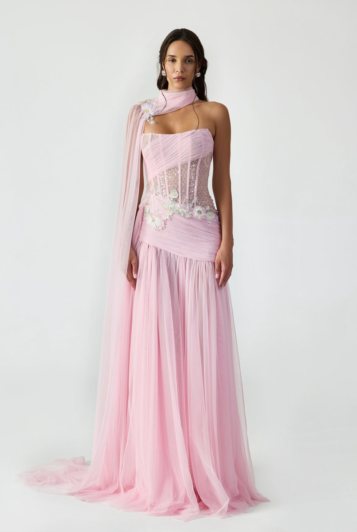 Strapless, Side Slited, Draped Maxi Dress With Handcrafted Applique