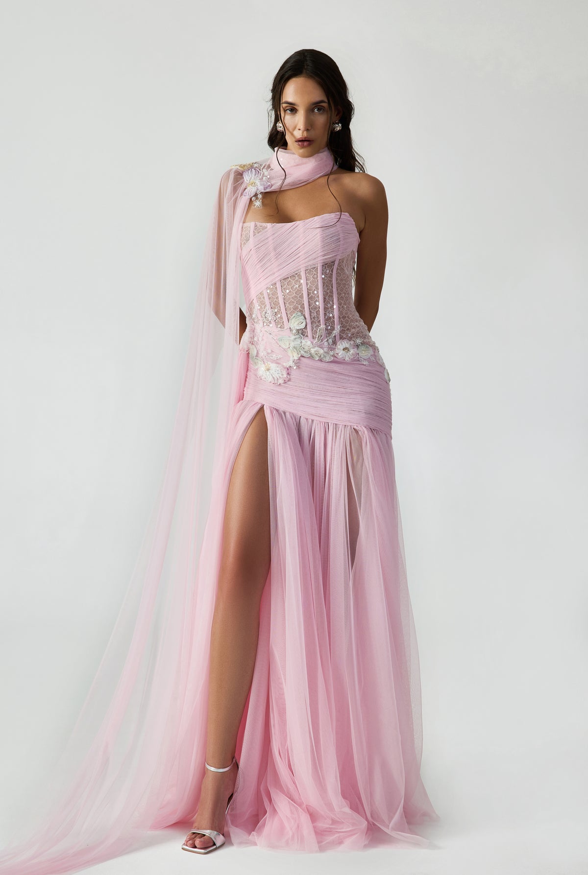 Strapless, Side Slited, Draped Maxi Dress With Handcrafted Applique