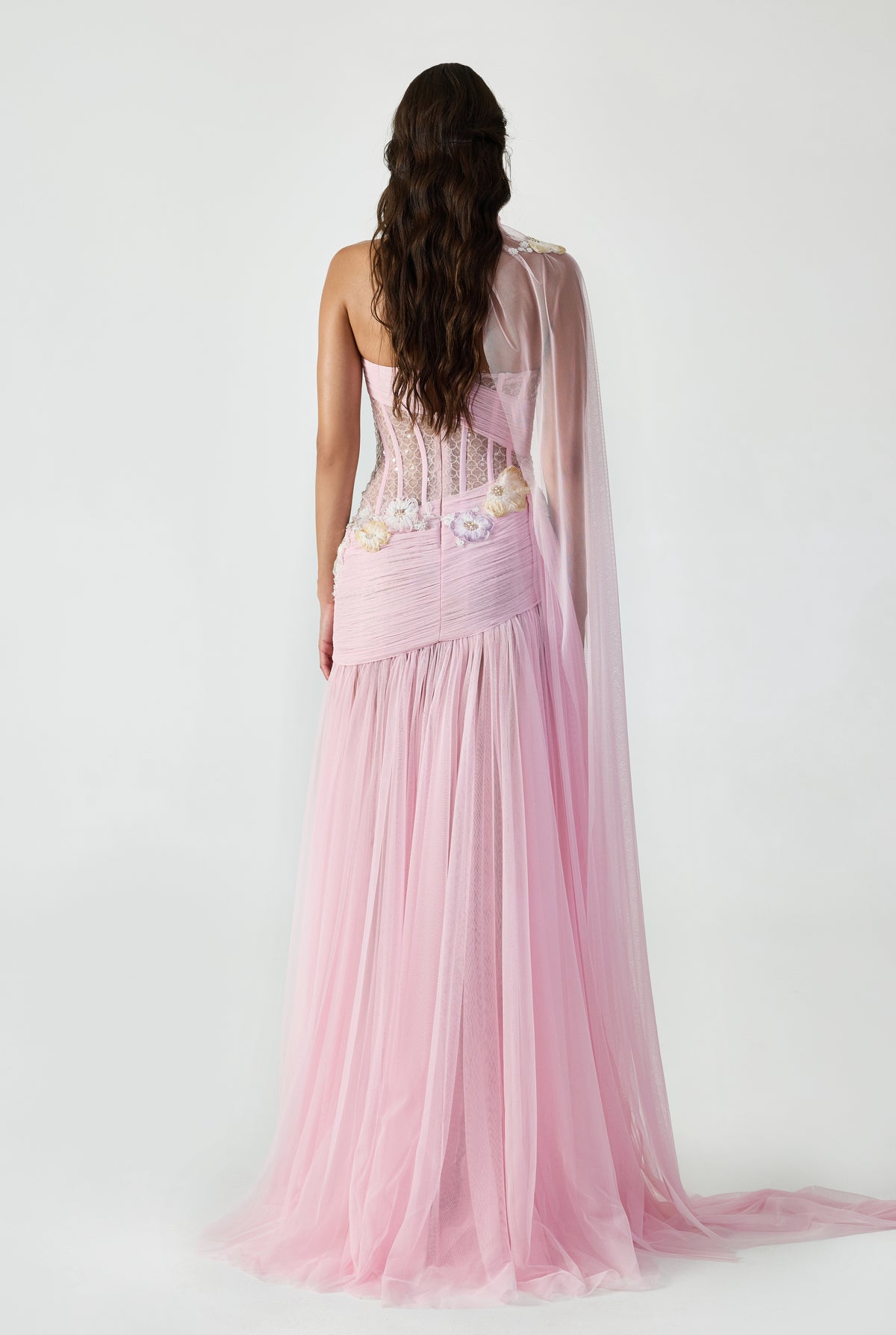 Strapless, Side Slited, Draped Maxi Dress With Handcrafted Applique