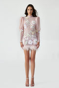 Backless, Bishop Sleeve Mini Dress With Handcrafted Ostrich Feather Trim And Applique.
