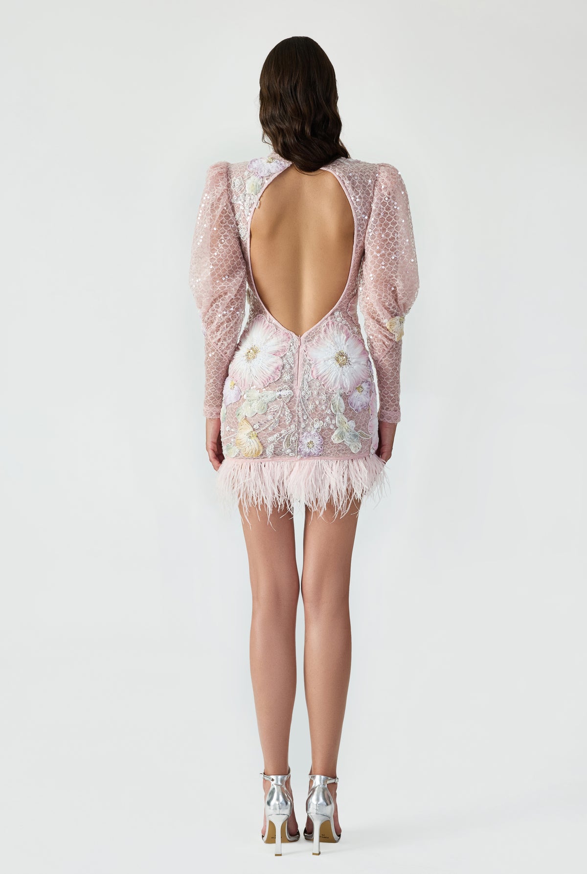 Backless, Bishop Sleeve Mini Dress With Handcrafted Ostrich Feather Trim And Applique.