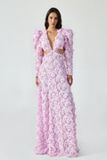 Balloon-Sleeve 3d Lace Maxi Dress Back And Sideless V Neck