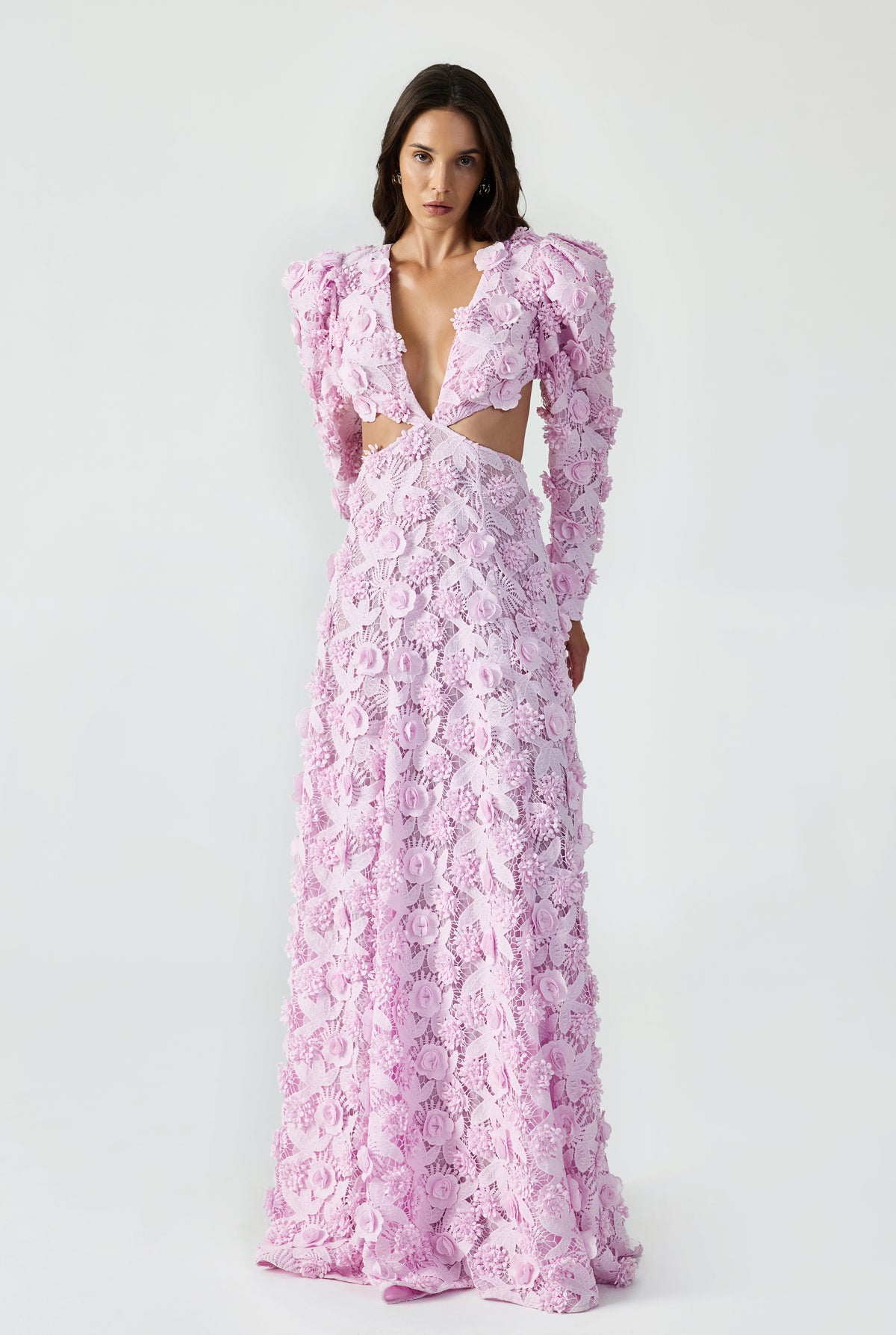 Balloon-Sleeve 3d Lace Maxi Dress Back And Sideless V Neck