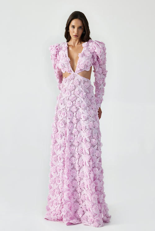 Balloon-Sleeve 3d Lace Maxi Dress Back And Sideless V Neck