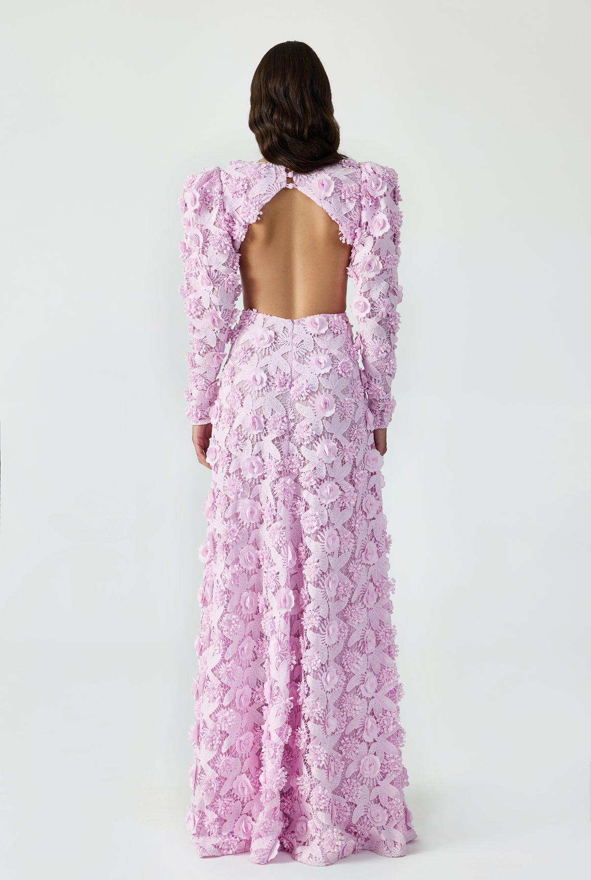 Balloon-Sleeve 3d Lace Maxi Dress Back And Sideless V Neck