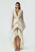 Cut Out Detailed Bead Embroidery Maxi Dress With Handcrafted Ruffle And Flounce Sleeve