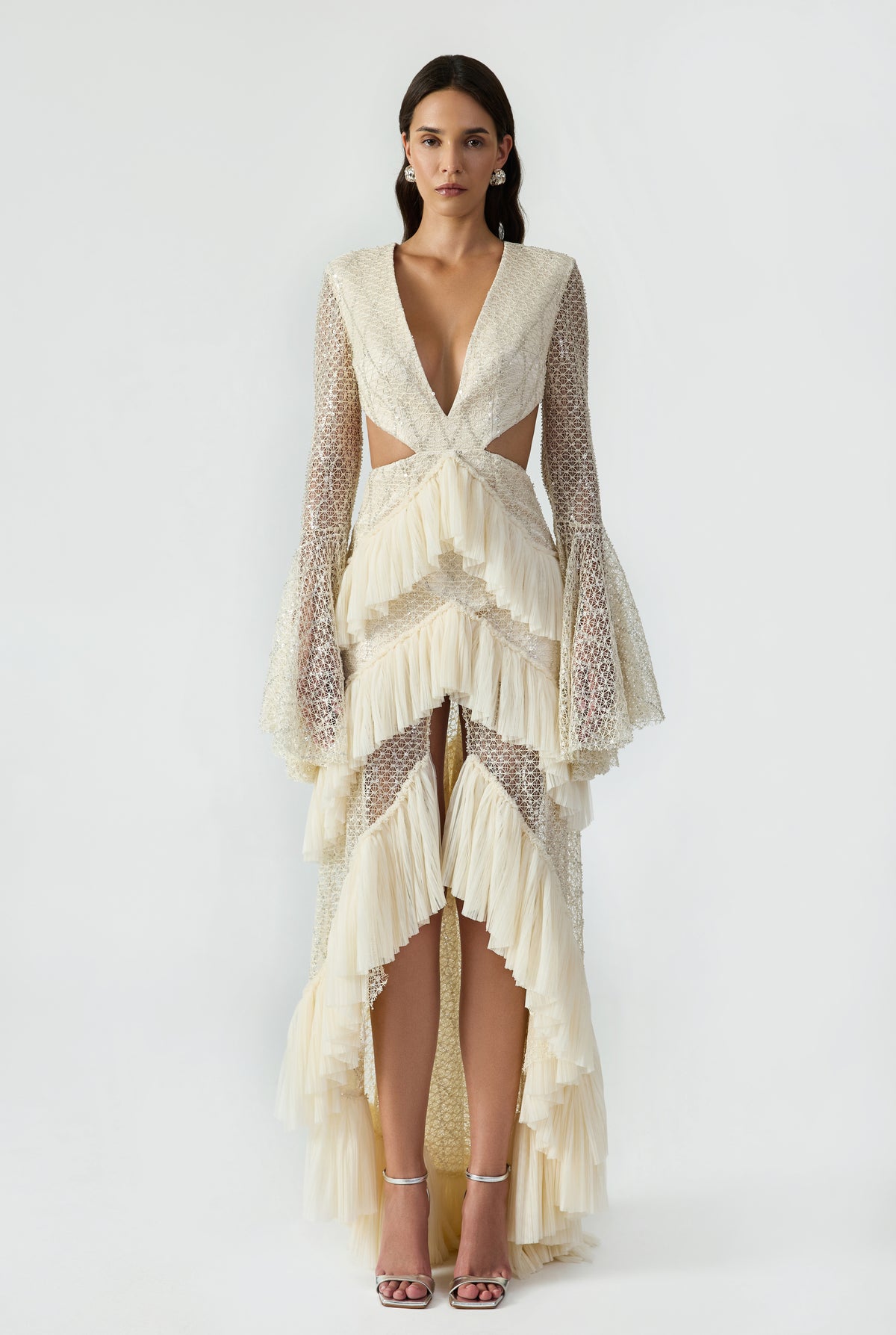 Cut Out Detailed Bead Embroidery Maxi Dress With Handcrafted Ruffle And Flounce Sleeve