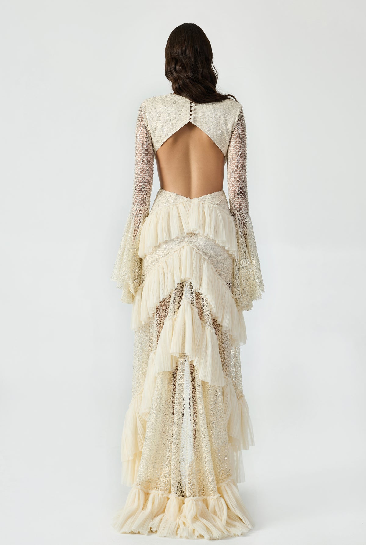 Cut Out Detailed Bead Embroidery Maxi Dress With Handcrafted Ruffle And Flounce Sleeve