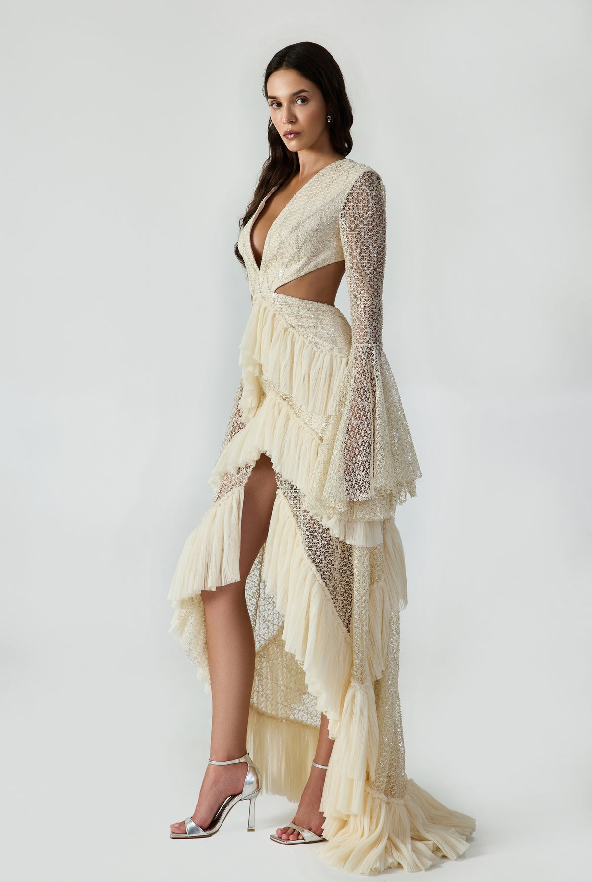 Cut Out Detailed Bead Embroidery Maxi Dress With Handcrafted Ruffle And Flounce Sleeve