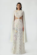 Cut Out Maxi Dress With Handcrafted Applique And Pleated Sleeve