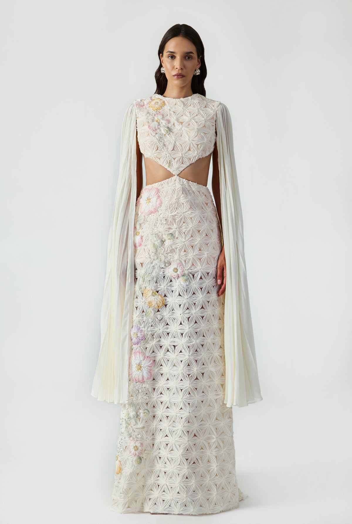 Cut Out Maxi Dress With Handcrafted Applique And Pleated Sleeve