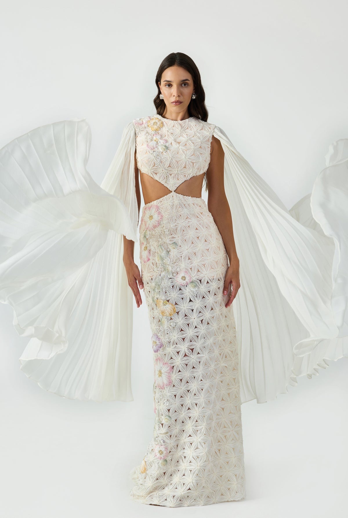 Cut Out Maxi Dress With Handcrafted Applique And Pleated Sleeve