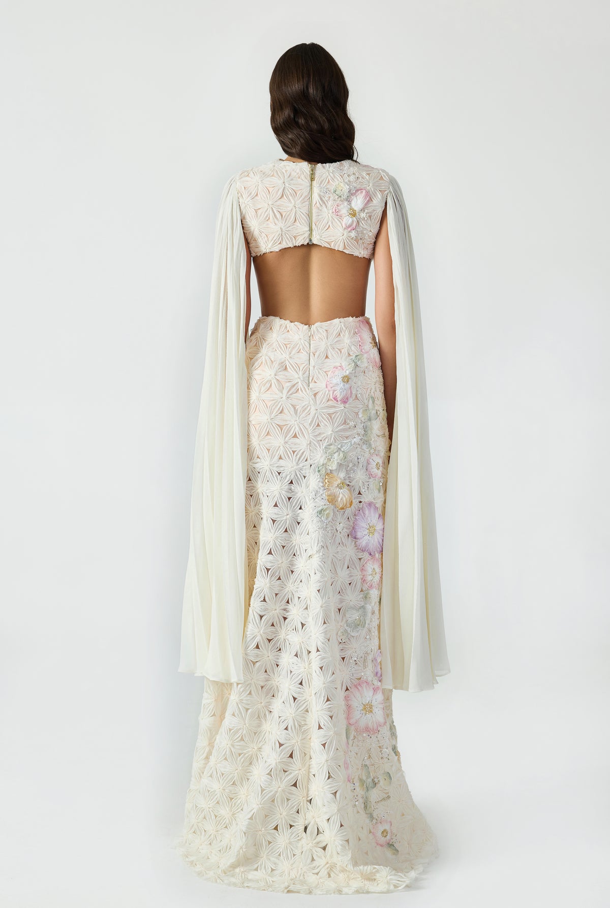Cut Out Maxi Dress With Handcrafted Applique And Pleated Sleeve