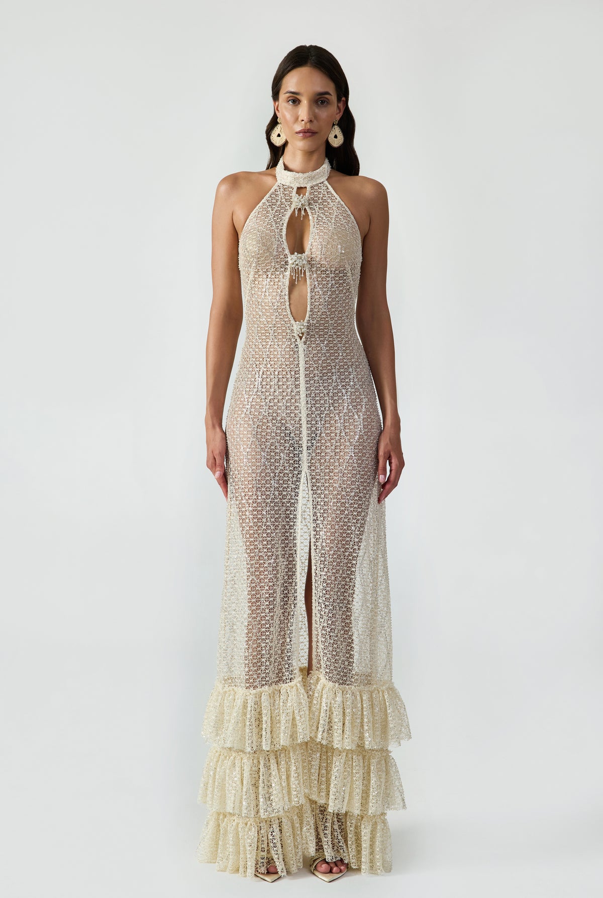 Cut Out Detailed Bead Embroidery Maxi Dress With Handcrafted Ruffle