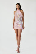 Halter Neck Sequin Lace Mini Dress With Handcrafted Ruffle And Applique