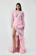 Drapped Cut Out Maxi Dress With Ruffles