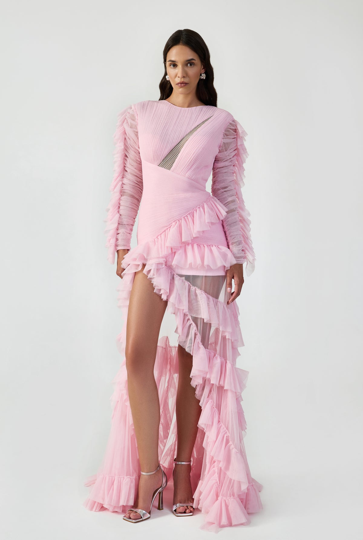 Drapped Cut Out Maxi Dress With Ruffles