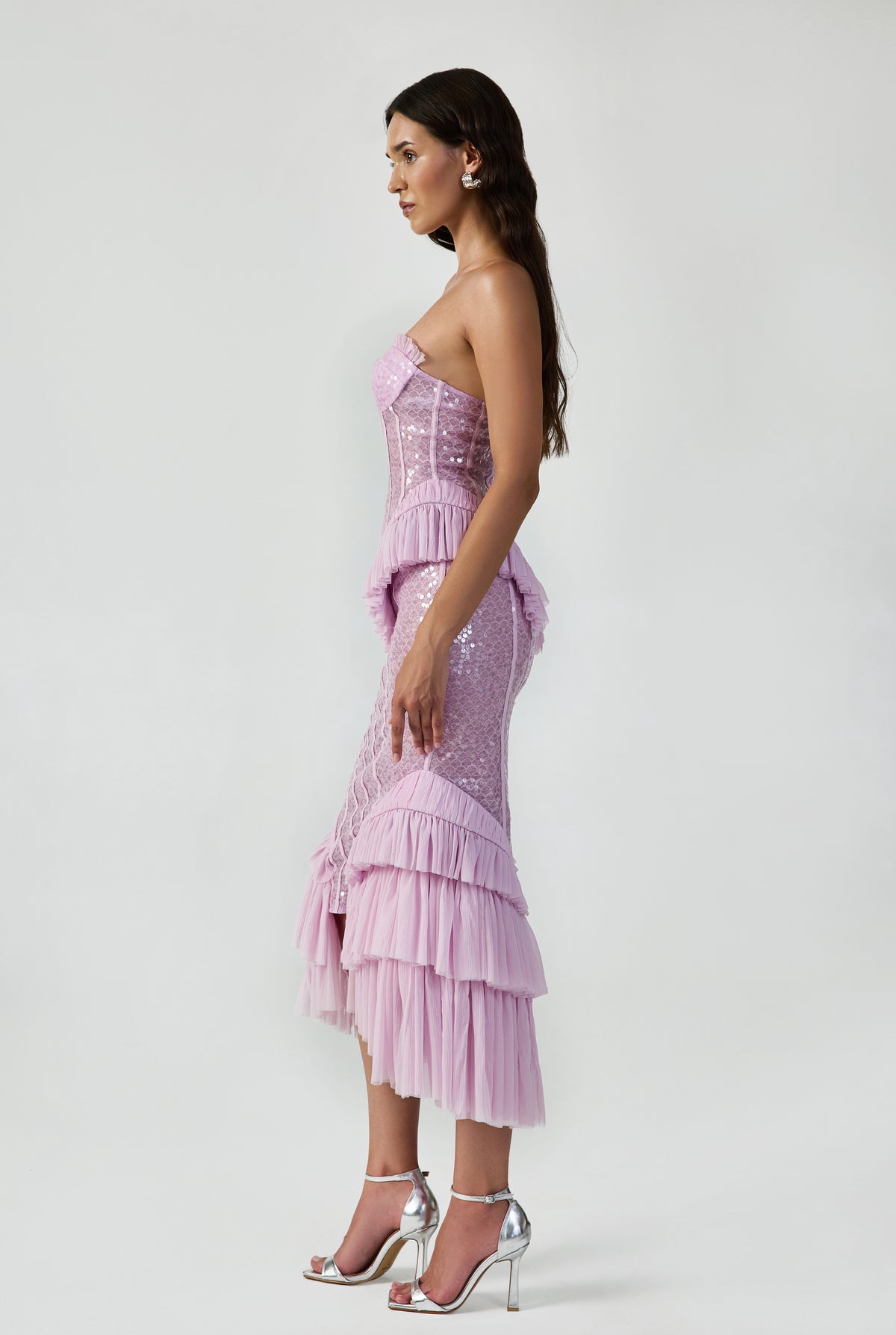 Sequin Strapless Midi Dress With Handcrafted Ruffle