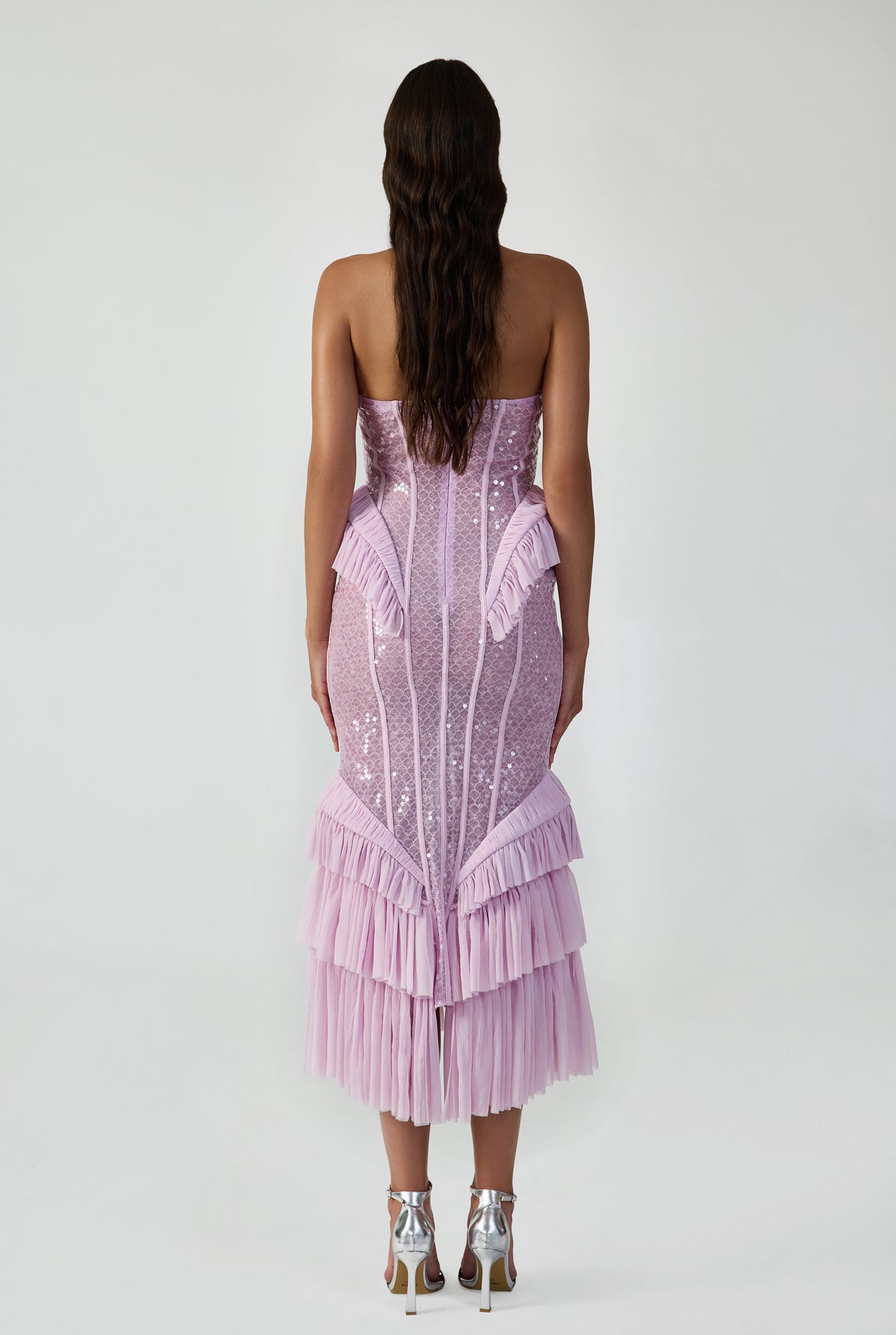 Sequin Strapless Midi Dress With Handcrafted Ruffle