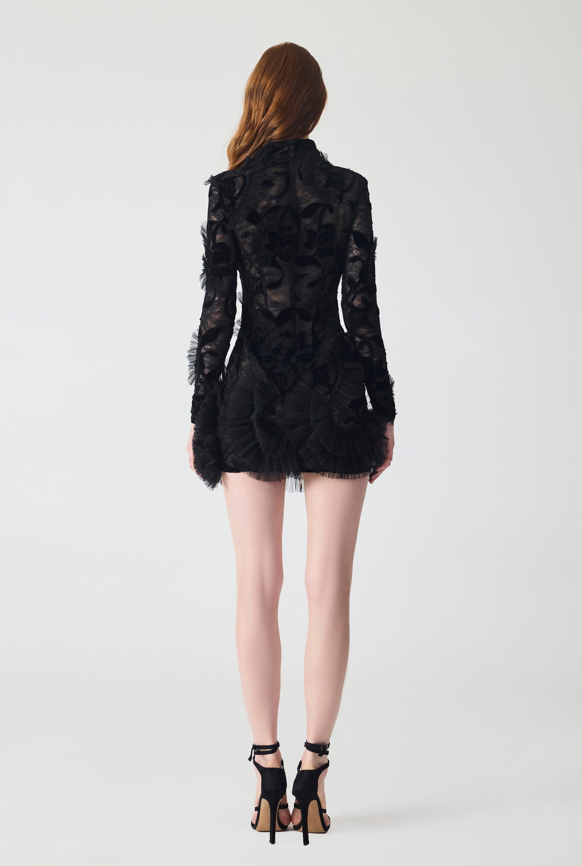 Hand Embroidered Velvet Lace with Ruffle Detailing Mini Dress