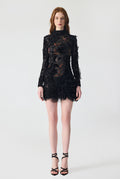 Hand Embroidered Velvet Lace with Ruffle Detailing Mini Dress