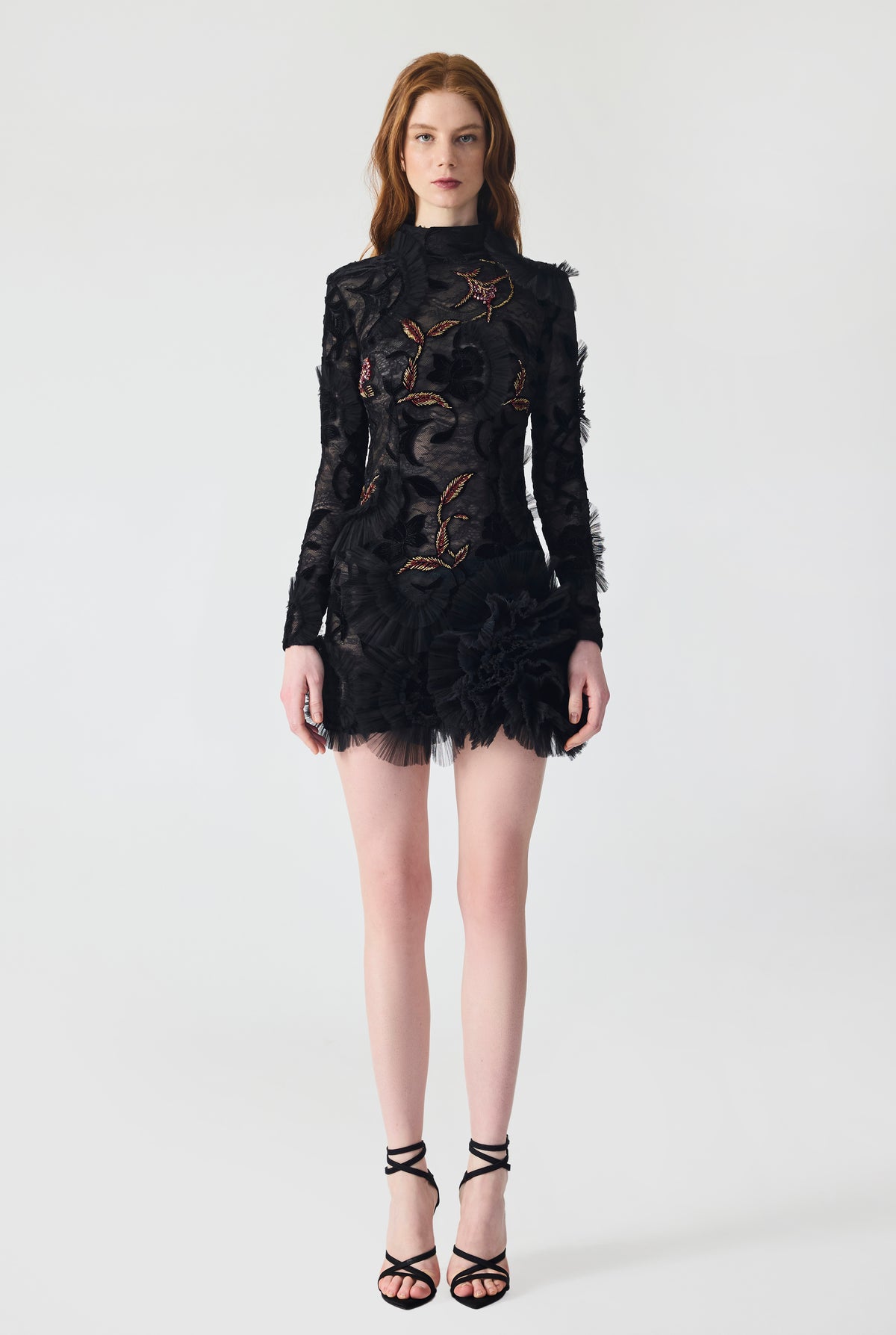 Hand Embroidered Velvet Lace with Ruffle Detailing Mini Dress